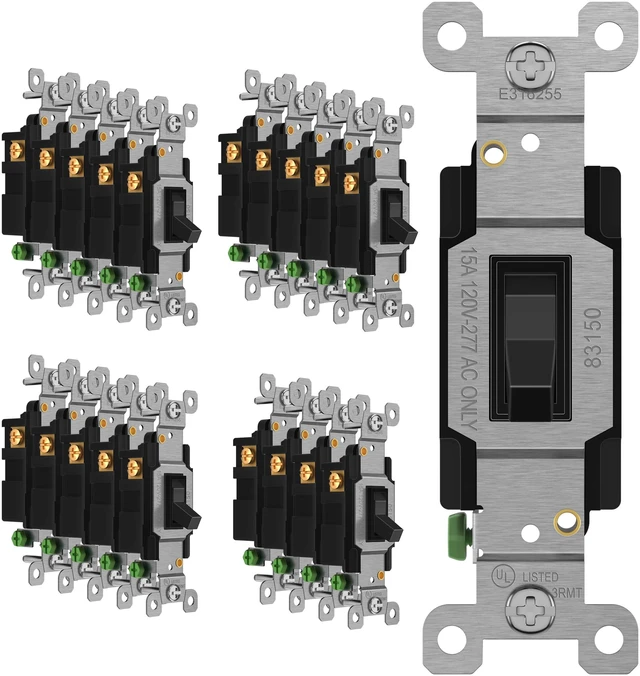 Main image of 20 Pack Toggle Light Switch, 3-Way Electrical Wall Switch, Black 15 Amp, 120V/277VAC, quiet/smooth toggle action, grounding screw, narrow slim body, UL Listed, easy to install, versatile use