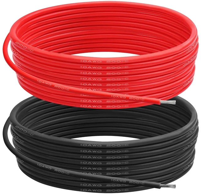 Main image of 10 AWG Silicone Wire, 20 ft Red and 20 ft Black Flexible fine-strand tinned copper cable with heat-resistant silicone insulation for batteries, RC and electronics wiring