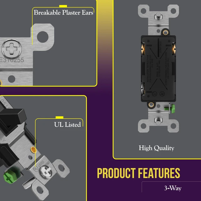 Alt view image 4 of 7 - 20 Pack Toggle Light Switch, 3-Way Electrical Wall Switch, Black 15 Amp, 120V/277VAC, quiet/smooth toggle action, grounding screw, narrow slim body, UL Listed, easy to install, versatile use