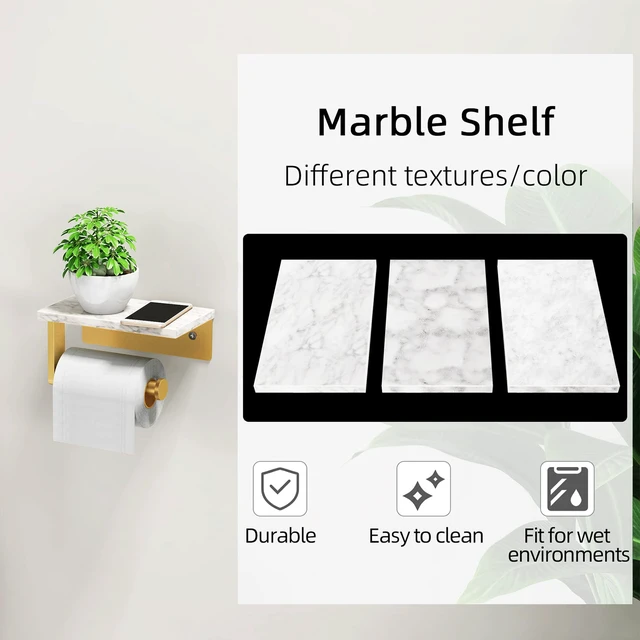 Alt view image 3 of 7 - Toilet Paper Holder with Marble Shelf, Wall Mounted Gold Stainless Steel Screw, Tissue Roll Paper Holder Dispenser for Bathroom Washroom