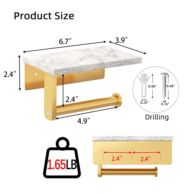 Alt view image 4 of 7 - Toilet Paper Holder with Marble Shelf, Wall Mounted Gold Stainless Steel Screw, Tissue Roll Paper Holder Dispenser for Bathroom Washroom