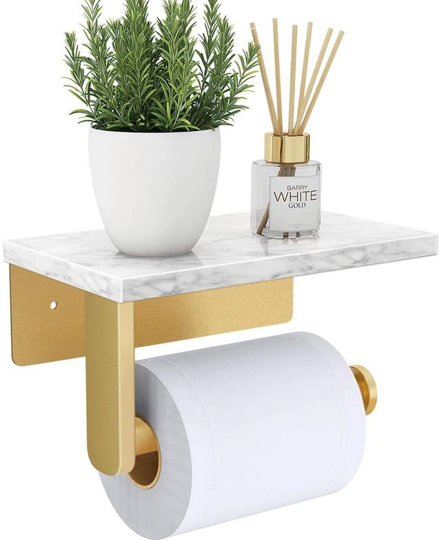 Main image of Toilet Paper Holder with Marble Shelf, Wall Mounted Gold Stainless Steel Screw, Tissue Roll Paper Holder Dispenser for Bathroom Washroom