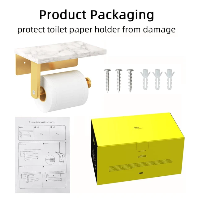 Alt view image 5 of 7 - Toilet Paper Holder with Marble Shelf, Wall Mounted Gold Stainless Steel Screw, Tissue Roll Paper Holder Dispenser for Bathroom Washroom
