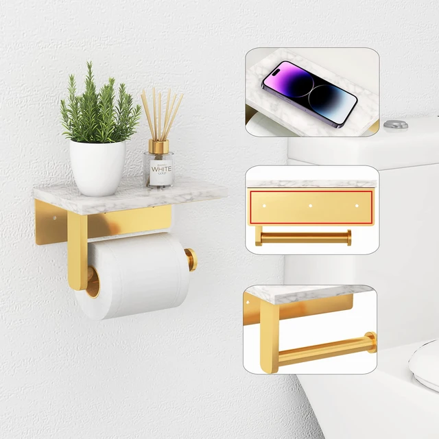 Alt view image 2 of 7 - Toilet Paper Holder with Marble Shelf, Wall Mounted Gold Stainless Steel Screw, Tissue Roll Paper Holder Dispenser for Bathroom Washroom