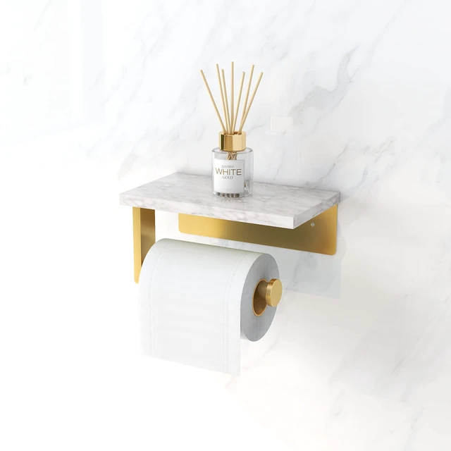 Alt view image 6 of 7 - Toilet Paper Holder with Marble Shelf, Wall Mounted Gold Stainless Steel Screw, Tissue Roll Paper Holder Dispenser for Bathroom Washroom