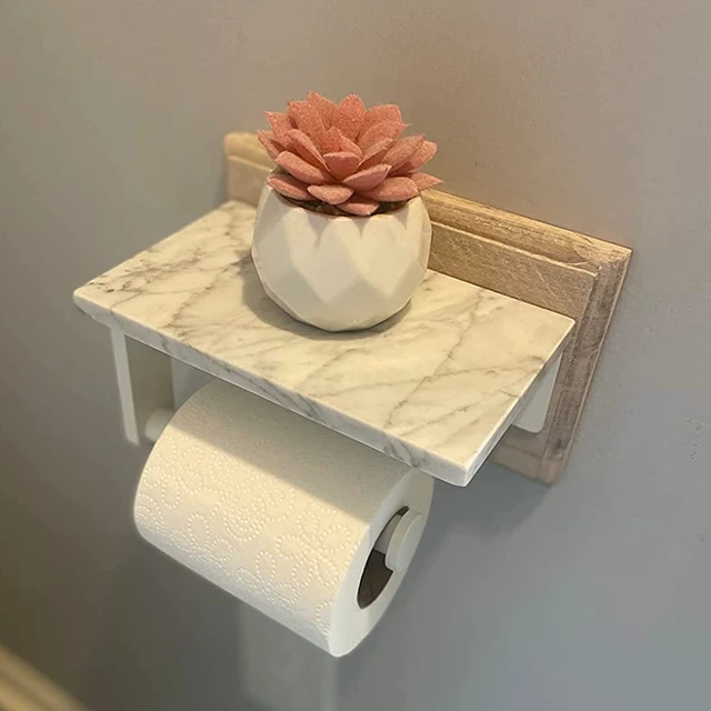 Alt view image 2 of 7 - Toilet Paper Holder with Marble Shelf, Wall Mounted White Stainless Steel, Tissue Roll Paper Holder Dispenser for Bathroom Washroom