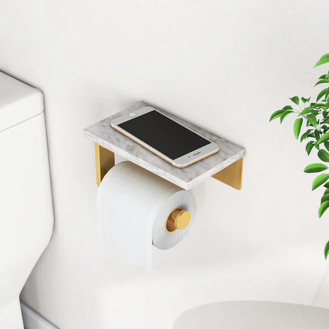 Alt view image 7 of 7 - Toilet Paper Holder with Marble Shelf, Wall Mounted Gold Stainless Steel Screw, Tissue Roll Paper Holder Dispenser for Bathroom Washroom