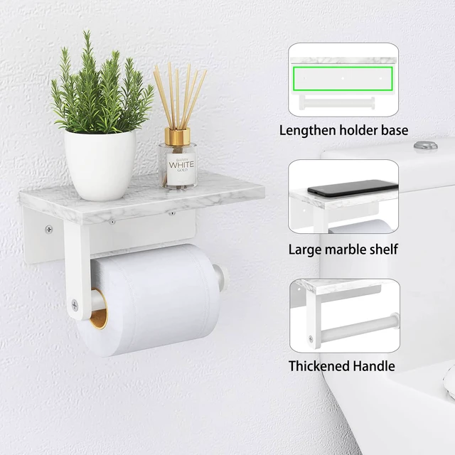 Alt view image 3 of 7 - Toilet Paper Holder with Marble Shelf, Wall Mounted White Stainless Steel, Tissue Roll Paper Holder Dispenser for Bathroom Washroom