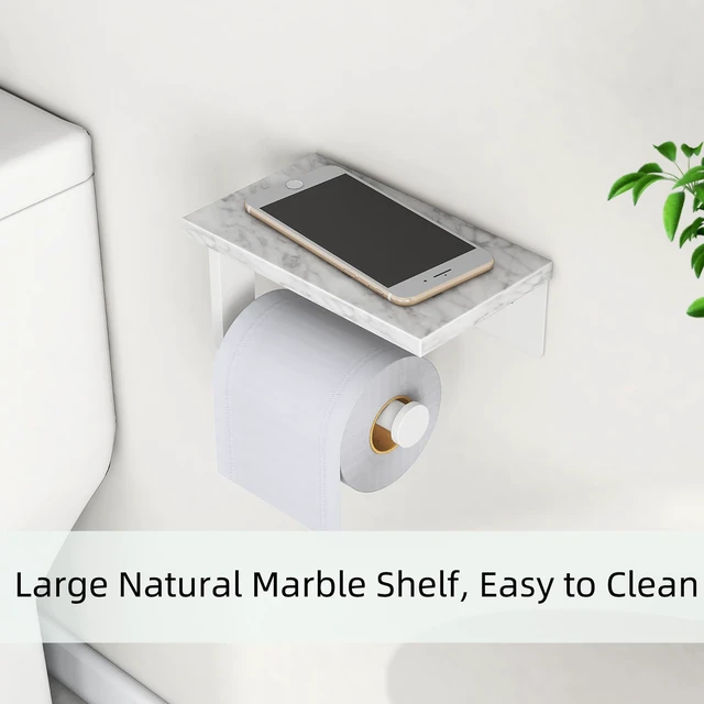 Alt view image 5 of 7 - Toilet Paper Holder with Marble Shelf, Wall Mounted White Stainless Steel, Tissue Roll Paper Holder Dispenser for Bathroom Washroom