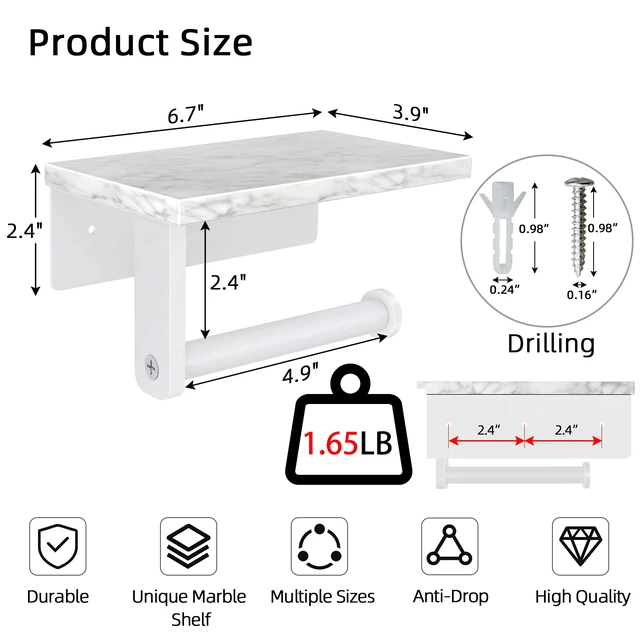 Alt view image 4 of 7 - Toilet Paper Holder with Marble Shelf, Wall Mounted White Stainless Steel, Tissue Roll Paper Holder Dispenser for Bathroom Washroom