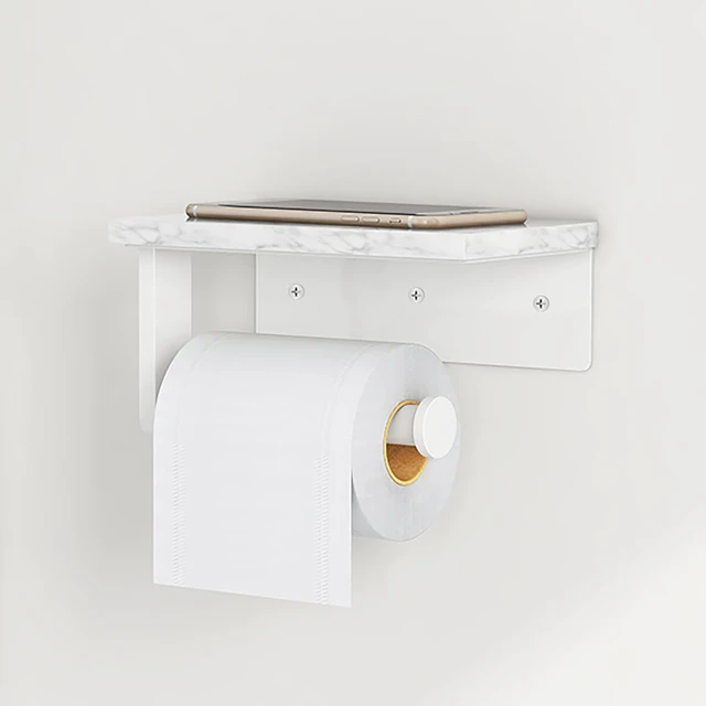 Alt view image 7 of 7 - Toilet Paper Holder with Marble Shelf, Wall Mounted White Stainless Steel, Tissue Roll Paper Holder Dispenser for Bathroom Washroom