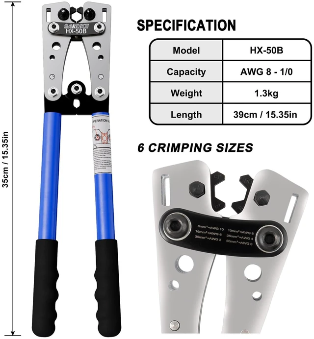Alt view image 2 of 7 - Battery Cable Lug Crimping Tool AWG 10-1/0 & Heavy Duty Wire Cutter Terminal Crimper AWG 10 8 6 4 2 1/0 for Wire Connectors, Copper Lug Crimping Tool for Electrical Wiring/Marine/RV Cable
