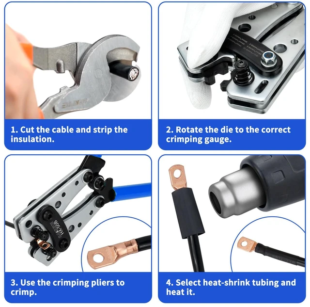 Alt view image 6 of 7 - Battery Cable Lug Crimping Tool AWG 10-1/0 & Heavy Duty Wire Cutter Terminal Crimper AWG 10 8 6 4 2 1/0 for Wire Connectors, Copper Lug Crimping Tool for Electrical Wiring/Marine/RV Cable