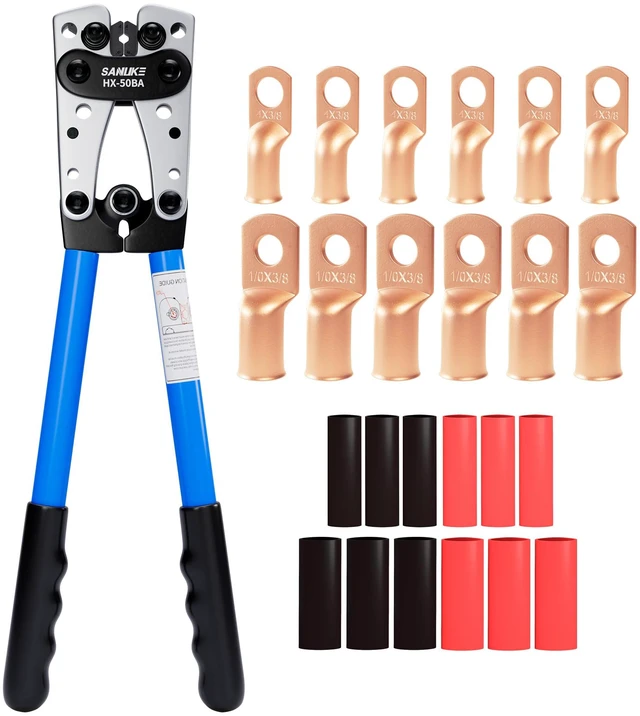 Main image of Battery Cable Crimper AWG 8-1/0, Crimping Tool &12pcs Wire Terminals Electrical Crimping Tool AWG 8 6 4 2 1 1/0, Heavy Duty 4 AWG & 0 AWG 3/8'' Copper Lugs Set, 3:1 Heat Shrink Tubes for Crimp