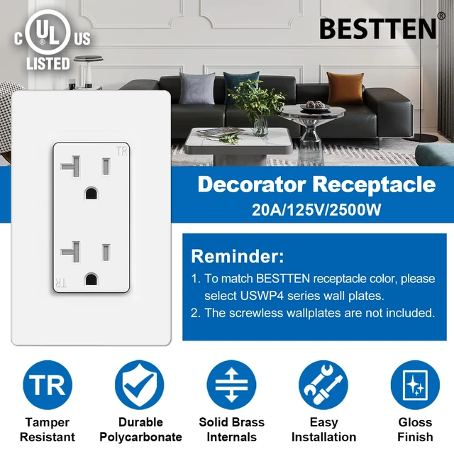 Alt view image 2 of 7 - 20 Pack 20 Amp Decorator Receptacle Outlet with Tamper-Resistant Standard Electrical Outlet for Home and Business Use, 20A/125V/2500W, UL Listed, White