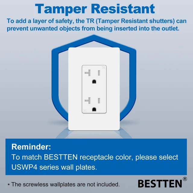 Alt view image 3 of 7 - 20 Pack 20 Amp Decorator Receptacle Outlet with Tamper-Resistant Standard Electrical Outlet for Home and Business Use, 20A/125V/2500W, UL Listed, White