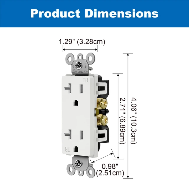 Alt view image 6 of 7 - 20 Pack 20 Amp Decorator Receptacle Outlet with Tamper-Resistant Standard Electrical Outlet for Home and Business Use, 20A/125V/2500W, UL Listed, White