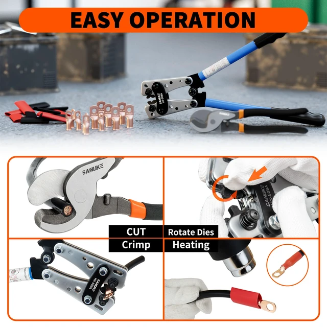 Alt view image 7 of 7 - Battery Cable Crimper AWG 8-1/0, Crimping Tool &12pcs Wire Terminals Electrical Crimping Tool AWG 8 6 4 2 1 1/0, Heavy Duty 4 AWG & 0 AWG 3/8'' Copper Lugs Set, 3:1 Heat Shrink Tubes for Crimp