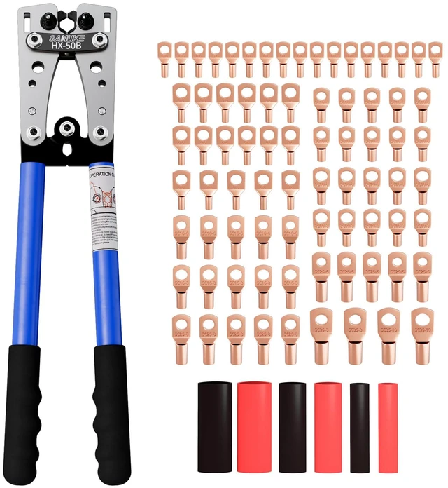 Main image of Battery Cable Crimper Tool for AWG10-1/0, 78pcs Copper Lug Terminals Electrical Battery Crimping Tool AWG 10 8 6 4 2 1/0, 110pcs Heat Shrink Tubing, Wire Crimper Pliers for Marine/RV/Auto Wiring