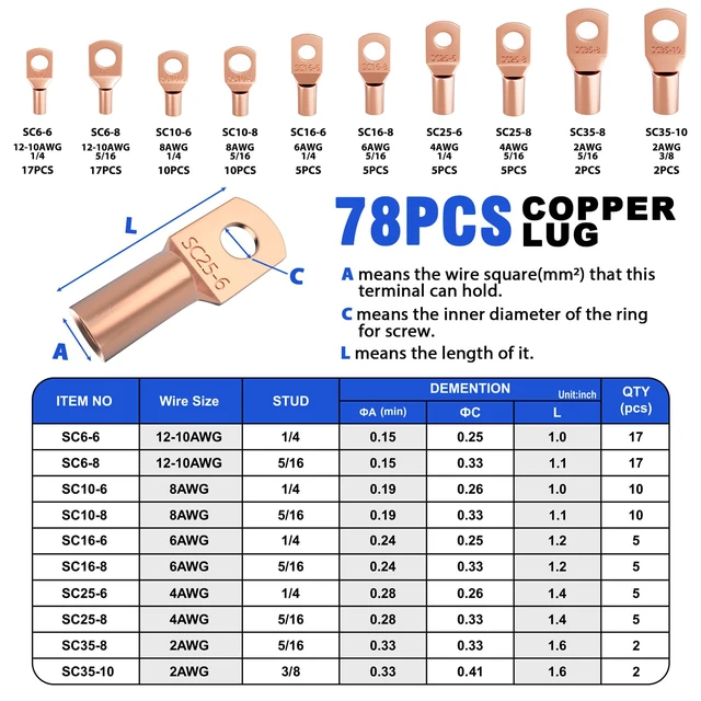 Alt view image 4 of 7 - Battery Cable Crimper Tool for AWG10-1/0, 78pcs Copper Lug Terminals Electrical Battery Crimping Tool AWG 10 8 6 4 2 1/0, 110pcs Heat Shrink Tubing, Wire Crimper Pliers for Marine/RV/Auto Wiring