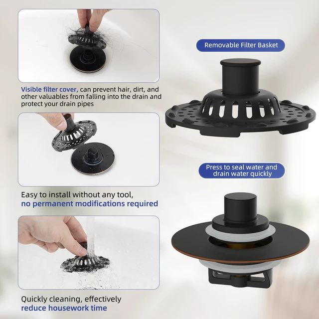 Alt view image 3 of 7 - Universal Bathtub Drain Stopper Metal Top Hair Catcher, Oil Rubbed Bronze Shower Drain Tub Stopper with Stainless Steel Visible Filter Basket, Upgraded 3 in 1 Pop-up Drain Plug for 1.5 to 2.4" Hole
