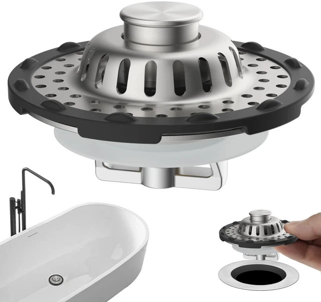 Main image of Universal Bathtub Drain Stopper All Metal Top Hair Catcher, Brushed Nickel Shower Drain Tub Stopper with Stainless Steel Visible Filter Basket, Upgraded 3 in 1 Pop-up Drain Plug for 1.5 to 2.4" Hole