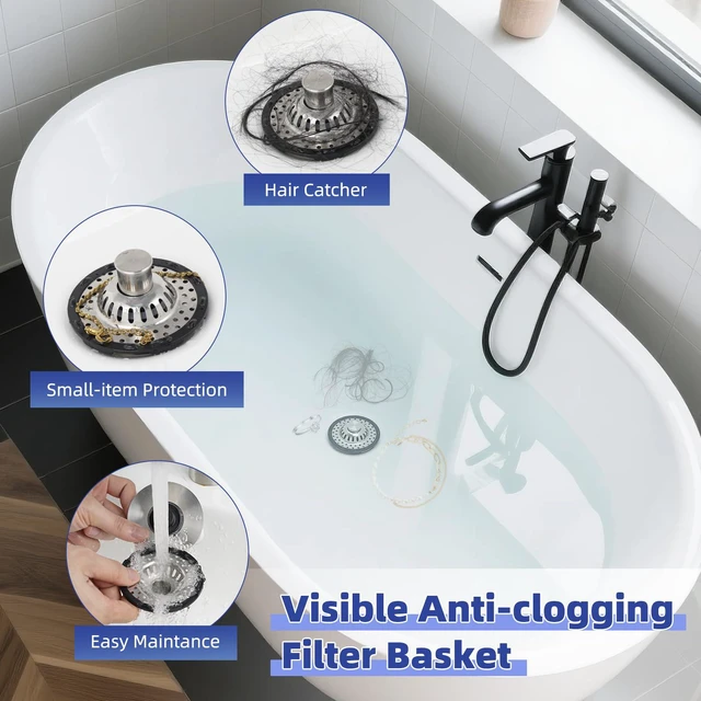 Alt view image 2 of 7 - Universal Bathtub Drain Stopper All Metal Top Hair Catcher, Brushed Nickel Shower Drain Tub Stopper with Stainless Steel Visible Filter Basket, Upgraded 3 in 1 Pop-up Drain Plug for 1.5 to 2.4" Hole