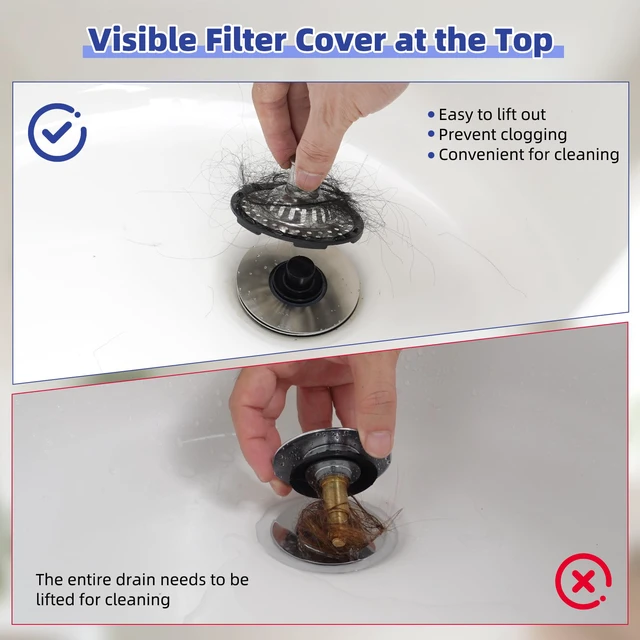 Alt view image 3 of 7 - Universal Bathtub Drain Stopper All Metal Top Hair Catcher, Brushed Nickel Shower Drain Tub Stopper with Stainless Steel Visible Filter Basket, Upgraded 3 in 1 Pop-up Drain Plug for 1.5 to 2.4" Hole