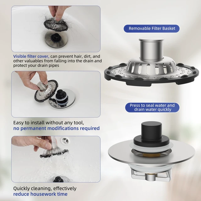 Alt view image 6 of 7 - Universal Bathtub Drain Stopper All Metal Top Hair Catcher, Brushed Nickel Shower Drain Tub Stopper with Stainless Steel Visible Filter Basket, Upgraded 3 in 1 Pop-up Drain Plug for 1.5 to 2.4" Hole