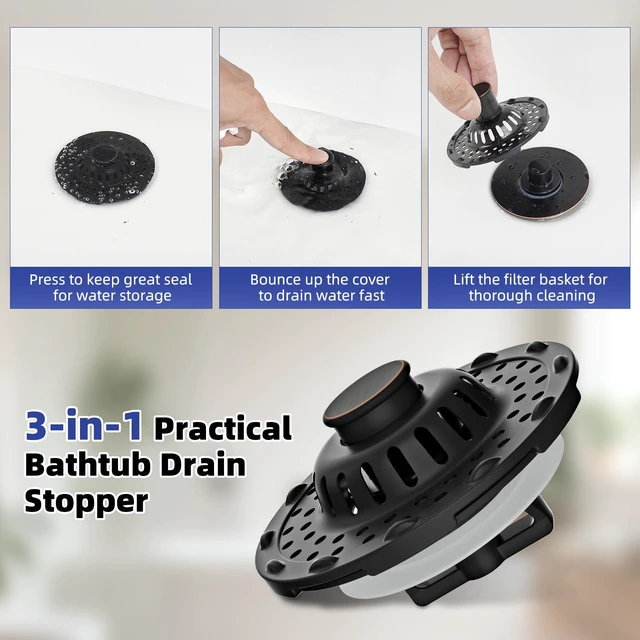 Alt view image 6 of 7 - Universal Bathtub Drain Stopper Metal Top Hair Catcher, Oil Rubbed Bronze Shower Drain Tub Stopper with Stainless Steel Visible Filter Basket, Upgraded 3 in 1 Pop-up Drain Plug for 1.5 to 2.4" Hole