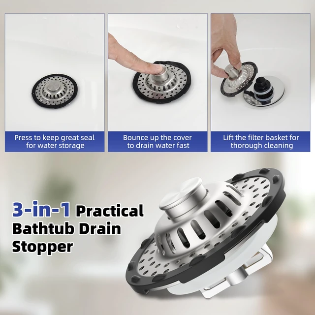 Alt view image 5 of 7 - Universal Bathtub Drain Stopper All Metal Top Hair Catcher, Brushed Nickel Shower Drain Tub Stopper with Stainless Steel Visible Filter Basket, Upgraded 3 in 1 Pop-up Drain Plug for 1.5 to 2.4" Hole