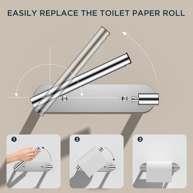 Alt view image 3 of 7 - Commercial Toilet Paper Holder Wall Mount Bathroom Tissue Holder Chrome | Adhesive or Screw | SUS304 Stainless Steel Rustproof | Pivoting Tissue Roll Holder | Round Base