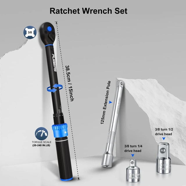 Alt view image 2 of 7 - 3/8'' Moto Torque Wrench Set 10-110 FT.LB/13.6-149.2 Nm, 72-Tooth Dual-Direction Adjustable Drive Click Torquimetro, Includes 5" Extension Bar & 1/2"/1/4" Adapters for Car/Moto Repair