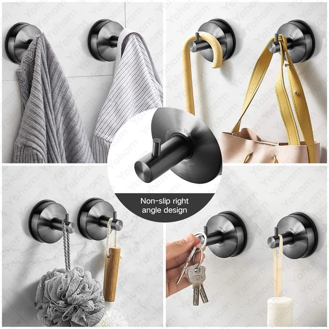 Alt view image 5 of 7 - Suction Cup Hooks Shower Towel Holder Stainless Steel Vacuum Bathroom Shower Hook Suction Towel Rack Kitchen Organizer for Bathrobe Loofah Washcloth Brushed Black 4 Pcs
