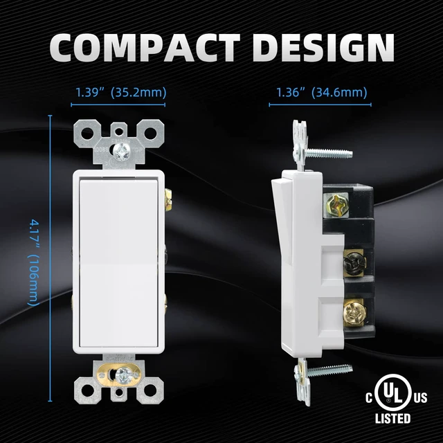 Alt view image 4 of 7 - 4 Way Decorative Light Switch, 15Amp, 120-277 Volt, AC Decorator Rocker Paddle Wall Switch Replacement, Self-Grounding, Residential and Commercial Grade, UL Listed (10 Pack, Glossy White)