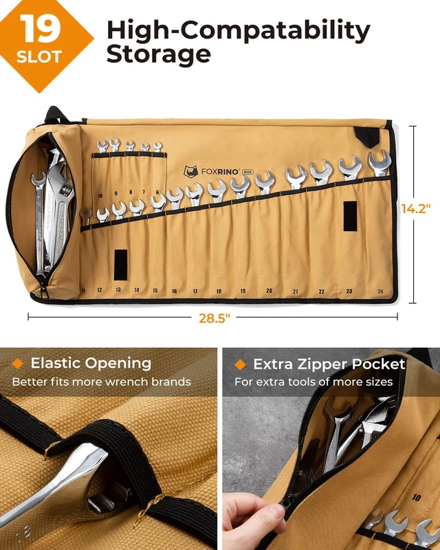 Alt view image 2 of 6 - Wrench Roll, Wrench Roll Up Pouch, 19-Pocket Heavy Duty Canvas Wrench Organizer Bag for Metric Combination Wrenches, Portable Tool Roll Bag, Gifts for Men for Fathers Day(Brown, 19+1 Metric)
