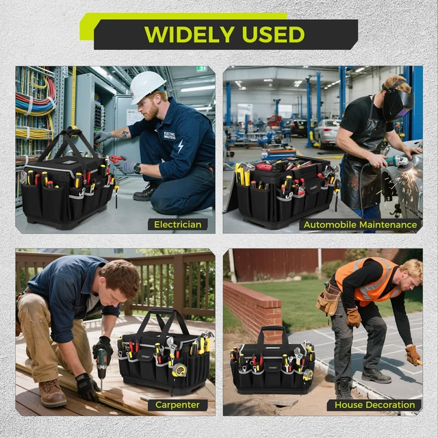Alt view image 2 of 6 - Heavy Duty Tool Bag 16-Inch, Tool Bags for men Toolbox Organizer Tote Gifts 46 Pockets, Hard Bottom, Waterproof Pocket, 1680D Tear-Proof, Tool Tote for Electrician HVAC Mechanic, Father Day Gifts