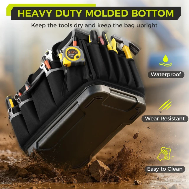 Alt view image 4 of 6 - Heavy Duty Tool Bag 16-Inch, Tool Bags for men Toolbox Organizer Tote Gifts 46 Pockets, Hard Bottom, Waterproof Pocket, 1680D Tear-Proof, Tool Tote for Electrician HVAC Mechanic, Father Day Gifts