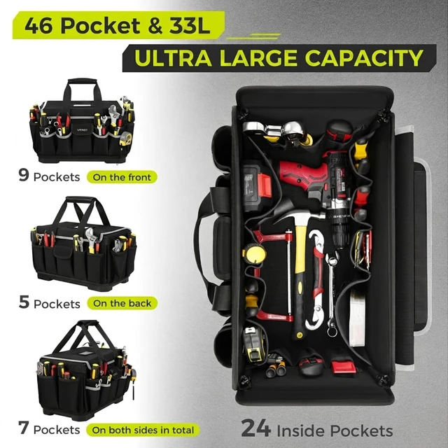 Alt view image 4 of 7 - Heavy Duty Tool Bag 18-Inch, Tool Bags for men Toolbox Organizer Tote Gifts Extra Large 46 Pockets, Hard Bottom, Waterproof Pocket, 1680D Tear-Proof, for Electrician HVAC Mechanic, Father Day Gifts