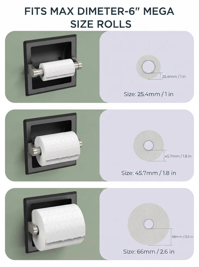Alt view image 6 of 6 - Recessed Toilet Paper Holder for Mega Roll, Black & Brushed Nickel Stainless Steel Tissue Roll Holder Wall Mount for Bathroom Space-Saving Design, in Wall Toilet Paper Dispenser Insert
