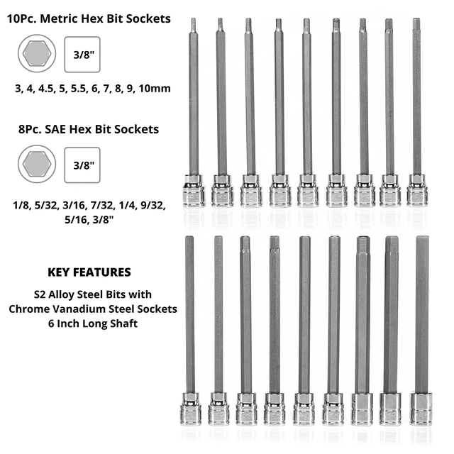 Alt view image 2 of 6 - 10079A Extra Long Allen Hex Bit Socket Set, 18 Piece SAE and Metric Allen Socket Set, 3/8 Drive, 1/8" 3/8 Inch & 3mm 10mm, 6 Long Allen Hex Socket Bit Set, Allen Head Hex Key Socket Set