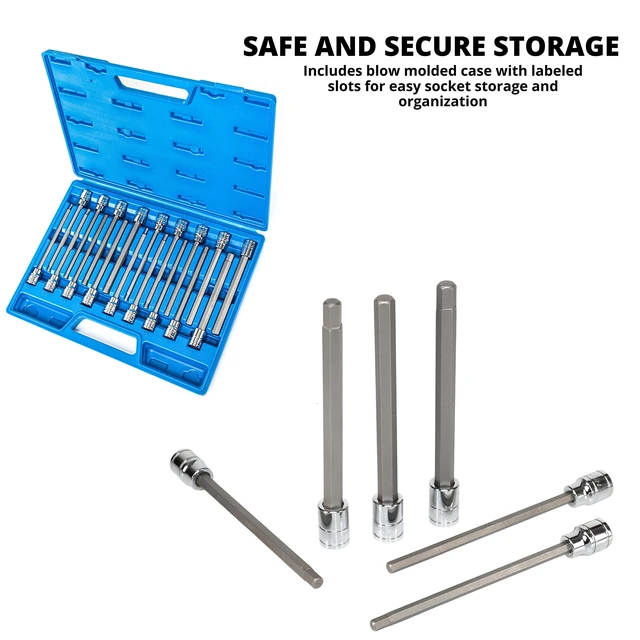 Alt view image 3 of 6 - 10079A Extra Long Allen Hex Bit Socket Set, 18 Piece SAE and Metric Allen Socket Set, 3/8 Drive, 1/8" 3/8 Inch & 3mm 10mm, 6 Long Allen Hex Socket Bit Set, Allen Head Hex Key Socket Set