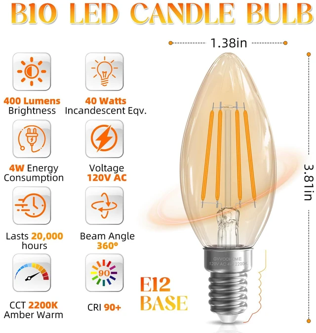 Main image of E12 LED Bulb, Candelabra Light Bulbs, 2200K Amber Warm, 24 Pack 40 watt Equivalent, Non-Dimmable Candle Bulb, 400LM, LED Chandelier Light Bulbs for Ceiling Fans, 90+CRI, Amber Glass Finish