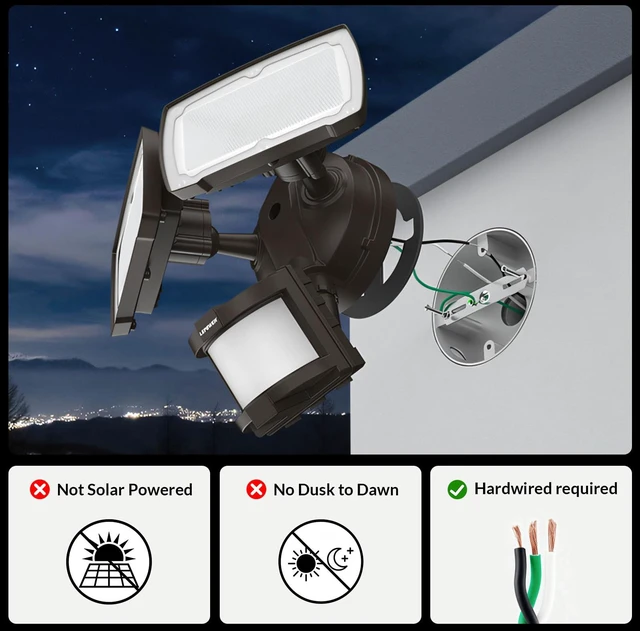 Alt view image 2 of 7 - Hardwired LED Security Lights Motion Sensor Outdoor, 30W 3200LM 5500K Daylight, 72 FT Range & 180° Detection, Easy to Install, IP65 Waterproof, 2 Head Flood Light for Garage, Yard, Porch