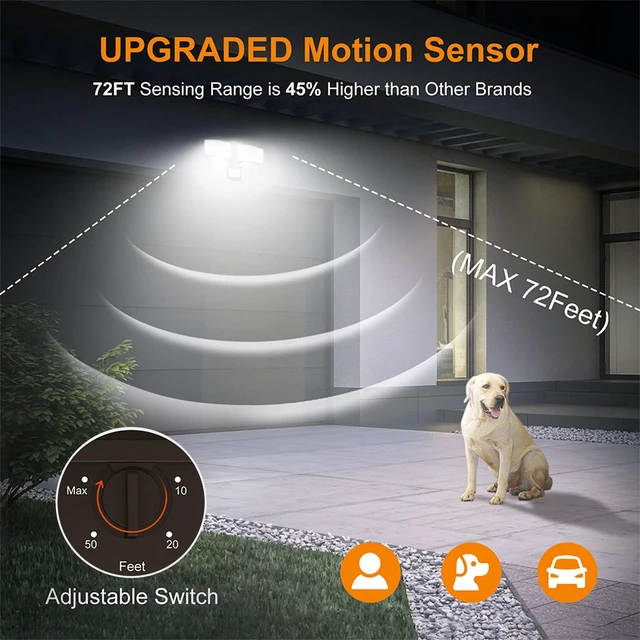 Alt view image 4 of 7 - Hardwired LED Security Lights Motion Sensor Outdoor, 30W 3200LM 5500K Daylight, 72 FT Range & 180° Detection, Easy to Install, IP65 Waterproof, 2 Head Flood Light for Garage, Yard, Porch