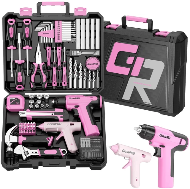 Main image of 188PCS Pink Cordless Drill Tool Set For Women Tool Kit For Home Box All-In-One Basic Household Tool Box, Glue Gun Accessories DIY, CR-V Steel, Sturdy Storage Case Auto Repair Kit For Men