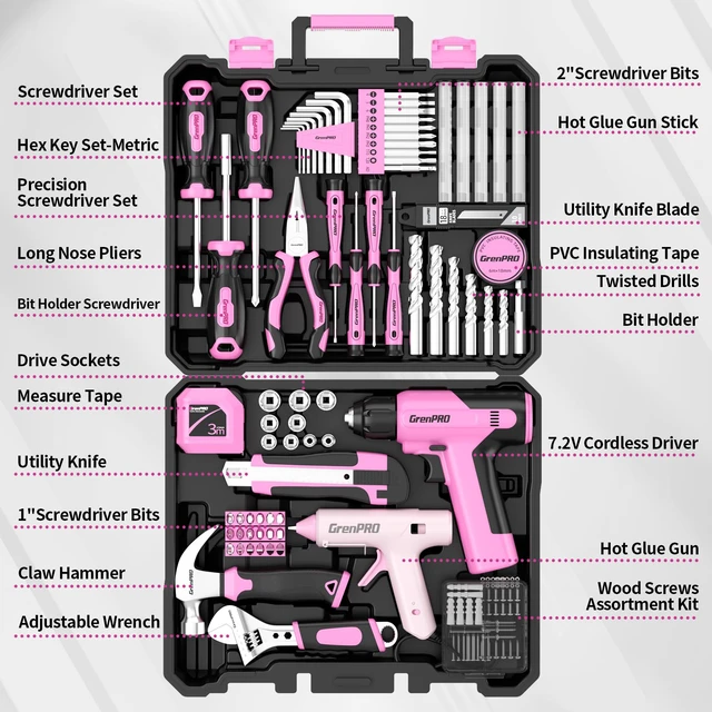 Alt view image 2 of 7 - 188PCS Pink Cordless Drill Tool Set For Women Tool Kit For Home Box All-In-One Basic Household Tool Box, Glue Gun Accessories DIY, CR-V Steel, Sturdy Storage Case Auto Repair Kit For Men