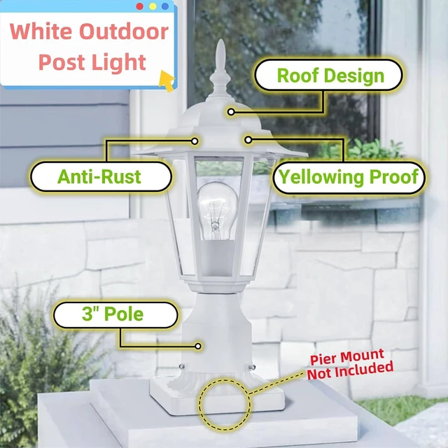 Alt view image 3 of 7 - 2 Packs Outdoor Post Light, Pole Lantern, E26 Base 60W Max, Aluminum Housing Plus Glass, Wet Location Rated, ETL Qualified, Bulbs not Included, White