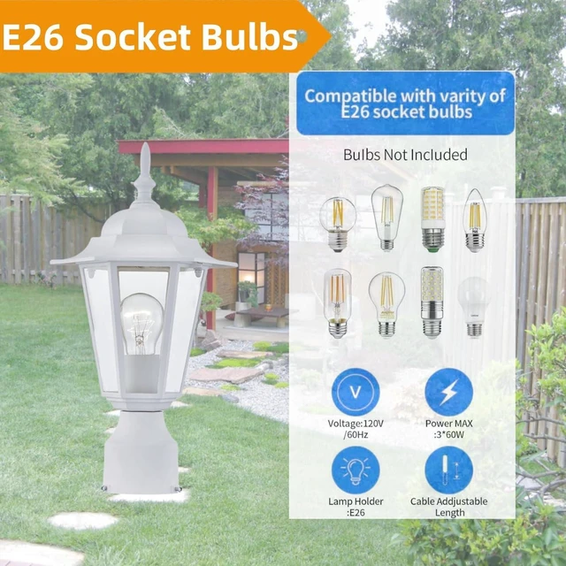 Alt view image 5 of 7 - 2 Packs Outdoor Post Light, Pole Lantern, E26 Base 60W Max, Aluminum Housing Plus Glass, Wet Location Rated, ETL Qualified, Bulbs not Included, White