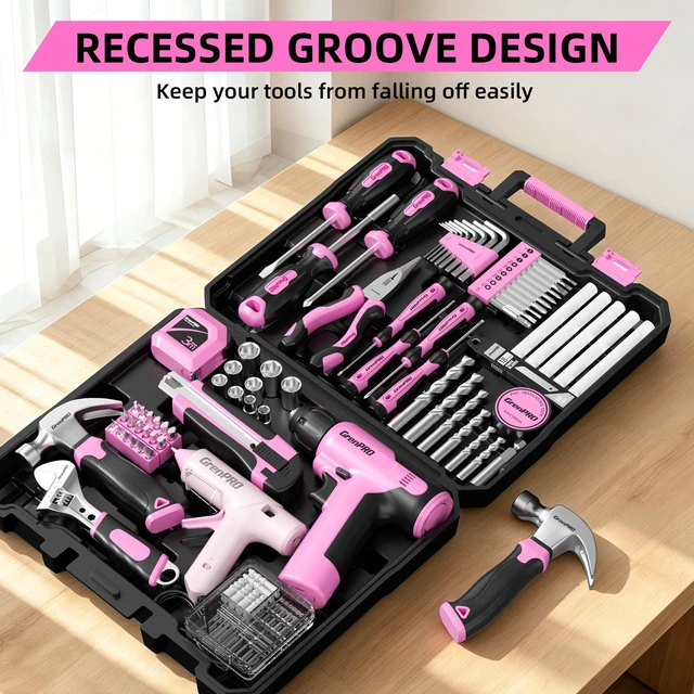 Alt view image 7 of 7 - 188PCS Pink Cordless Drill Tool Set For Women Tool Kit For Home Box All-In-One Basic Household Tool Box, Glue Gun Accessories DIY, CR-V Steel, Sturdy Storage Case Auto Repair Kit For Men